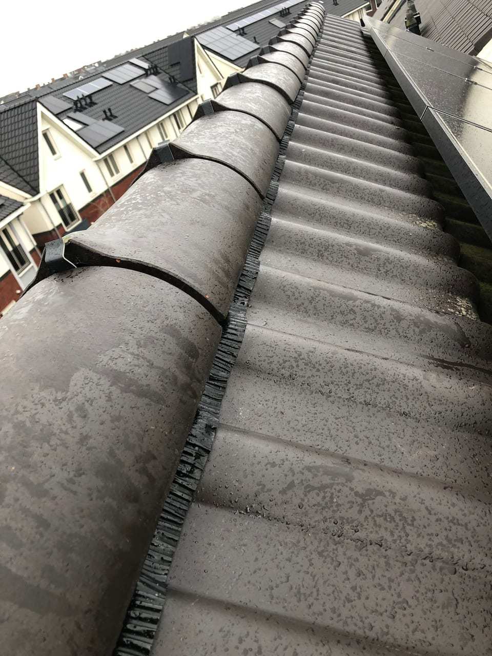 Nok van een pannendak met grijze nokvorsten, boven een rij woningen met zonnepanelen
